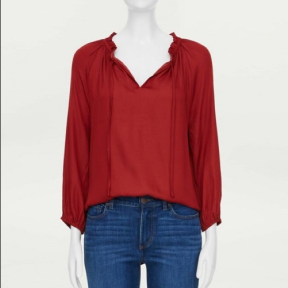 Loft red ruffle neck tie mixed media top NWT